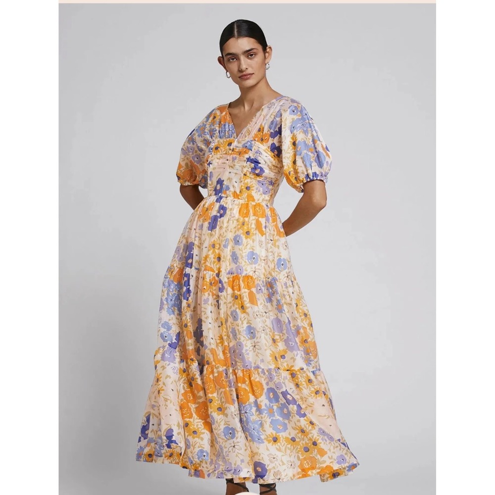 JardinVue Floral Tiered‎ Maxi Dress Orange Purple Puff Sleeve V-Neck Small NWT